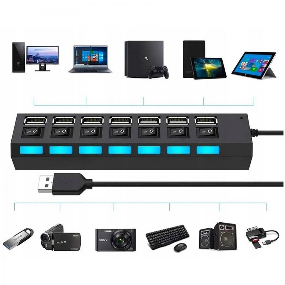 USB 2.0 HUB 7-Port Hi-Speed w/Switches & Blue LED Desing