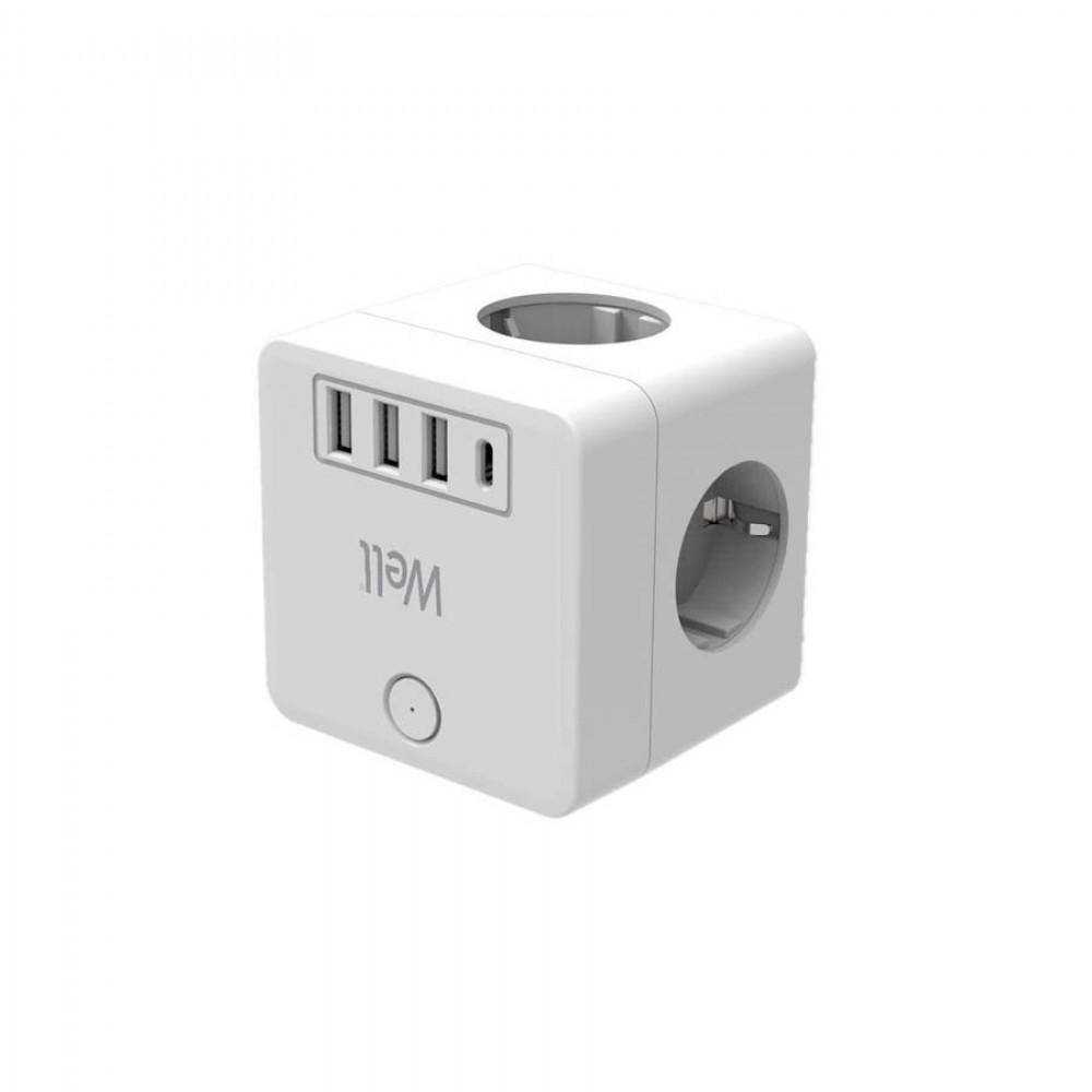 Πολύπριζο Well Κύβος 2x Schuko & 2x Euro με 3x USB Α & 1x USB Type-C PD20W με προστασία ELAD-2SH2EU-