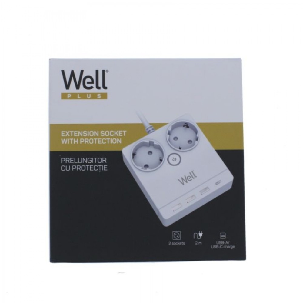 Πολύπριζο Well 2x Schuko και 3x USB A & 1x USB Type-C 2m/3g1.5 με προστασία EXTS-2S2M-PROT/USBC4-WL