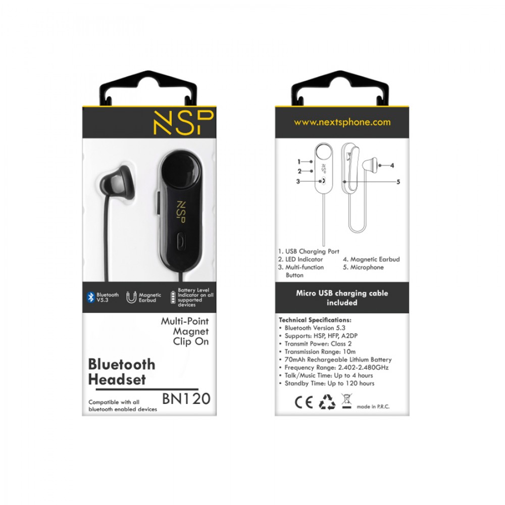 Ακουστικό Bluetooth V5.3 με μικρόφωνο και Magnet Clip (2 Devices) NSP BN120