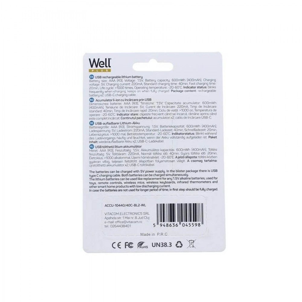 Well Μπαταρία 400mA R3 AAA 2τεμ Επαναφορτιζόμενη με καλώδιο φόρτισης USB-C ACCU-10440/40C-BL2-WL