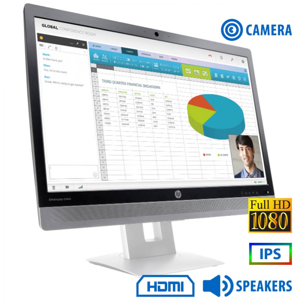 Used Monitor EliteDisplay E240c IPS LED/HP/24``FHD/w/Camera/1920x1080/Wide/Black/w/Speakers/D-SUB & 
